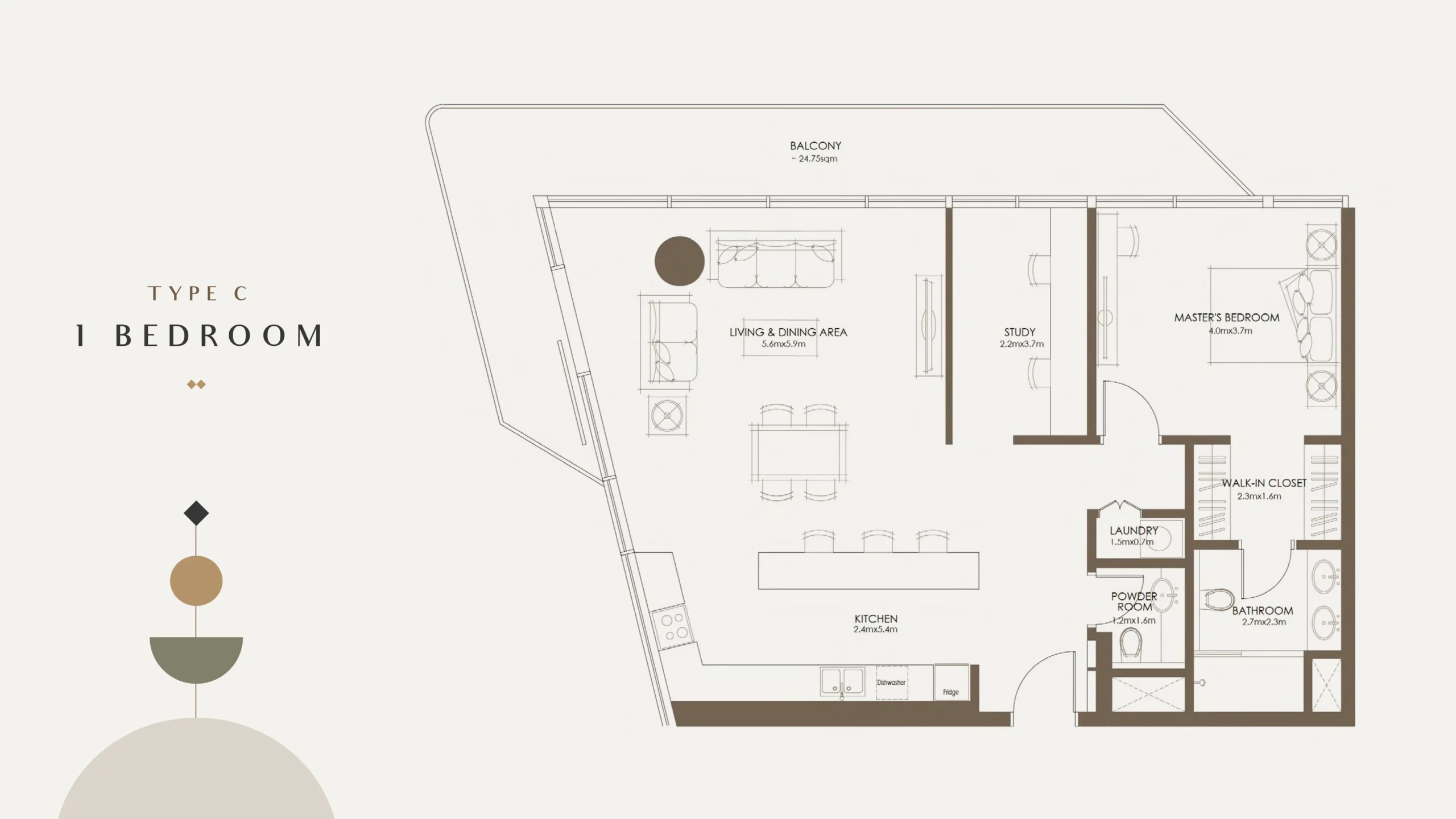 Type C 1 bedroom apartment layout at The Source Saadiyat
