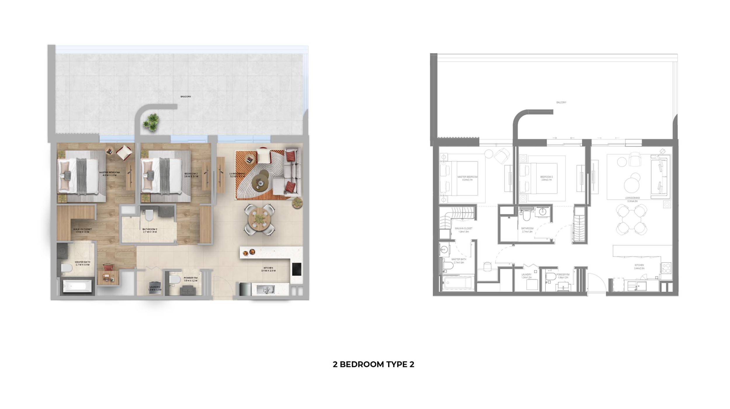 2 bedroom Type 2 apartment layout at Manarat Living