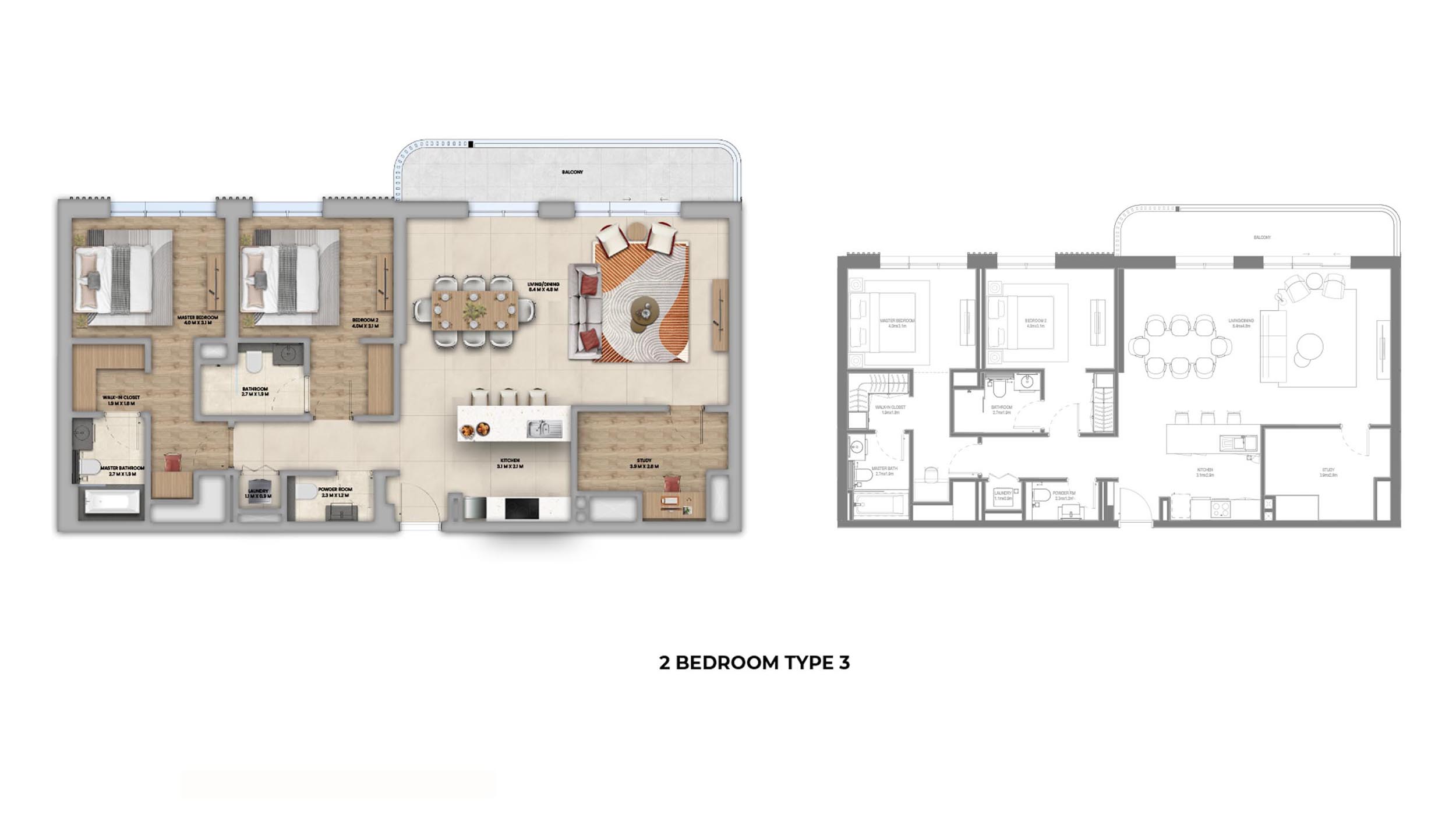 2 bedroom Type 3 apartment layout at Manarat Living