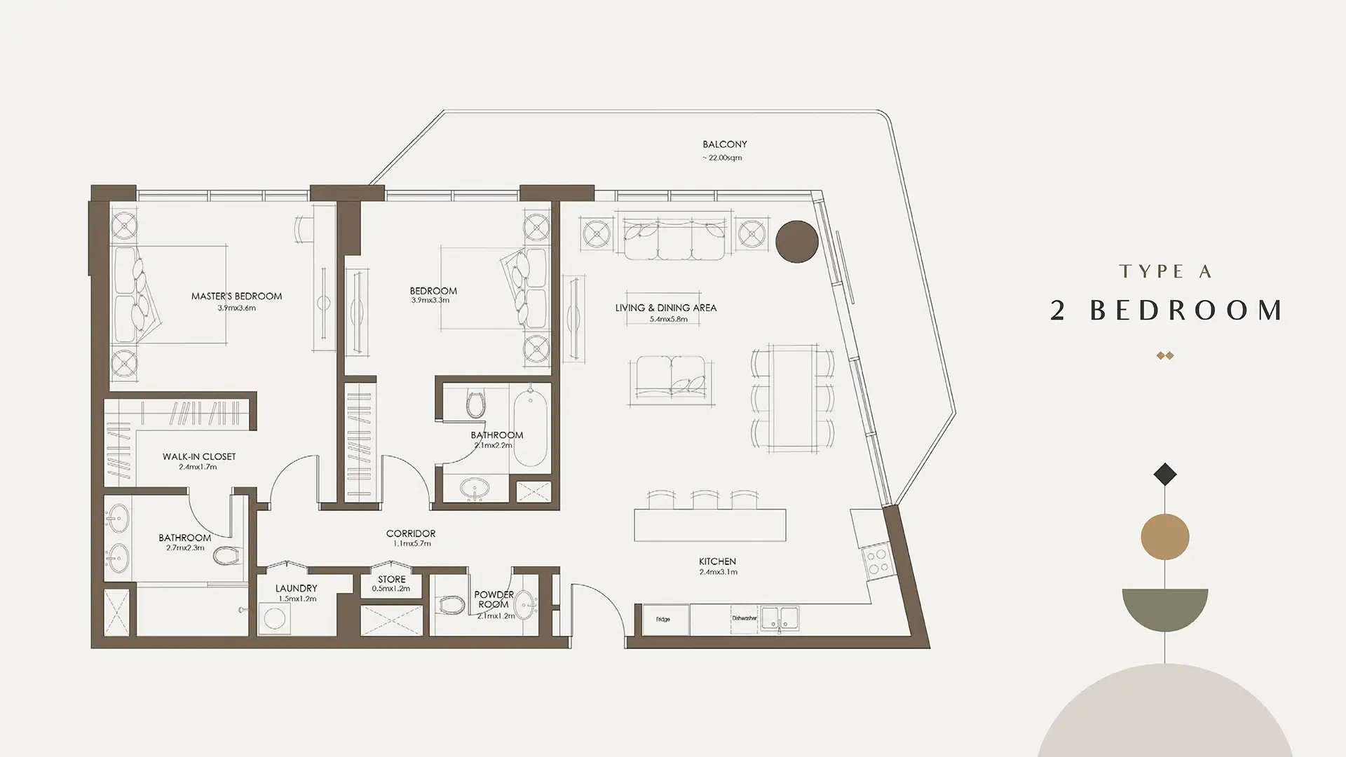 Type A 2 bedroom apartment layout at The Source Saadiyat