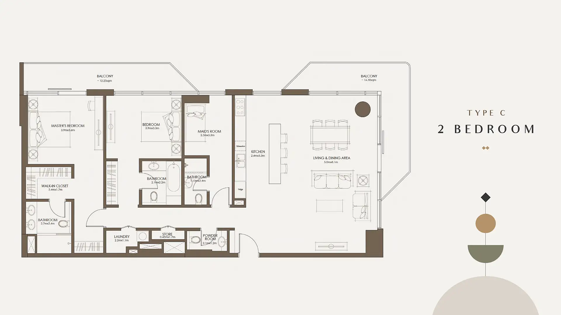 Type C 2 bedroom apartment layout at The Source Saadiyat
