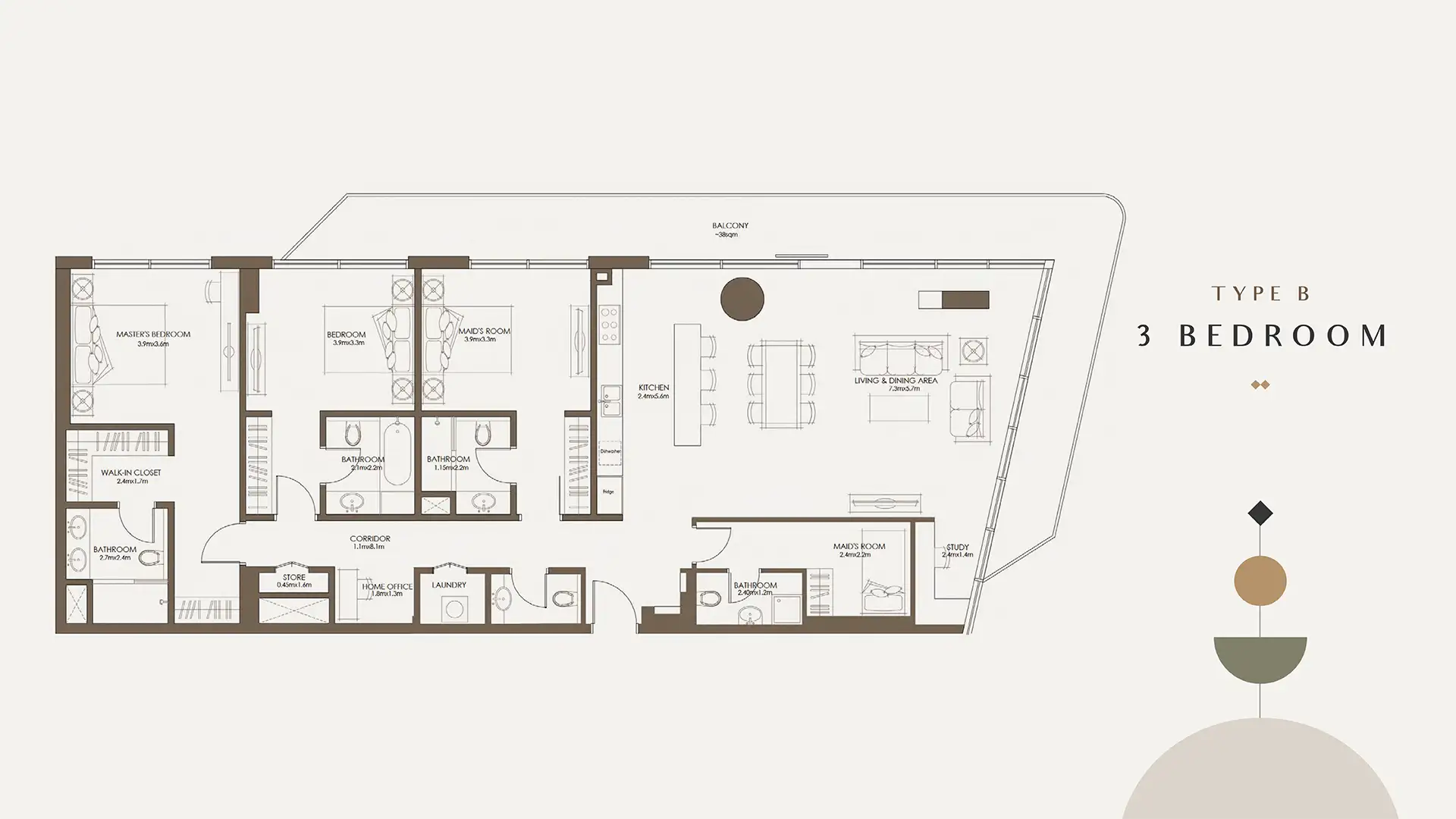 Type B 3 bedroom apartment layout at The Source Saadiyat