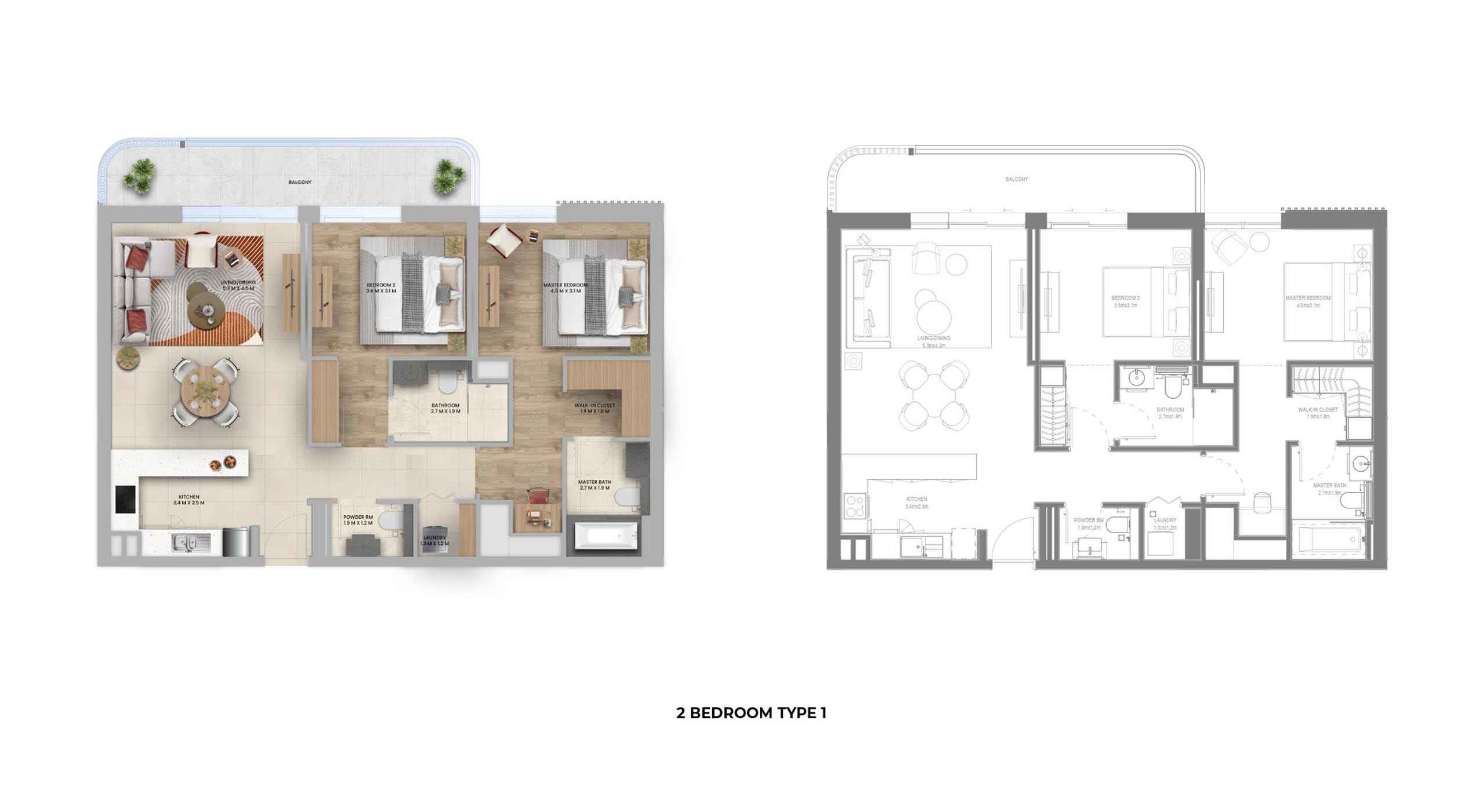 2 bedroom Type 1 floor plan at Manarat Living Abu Dhabi