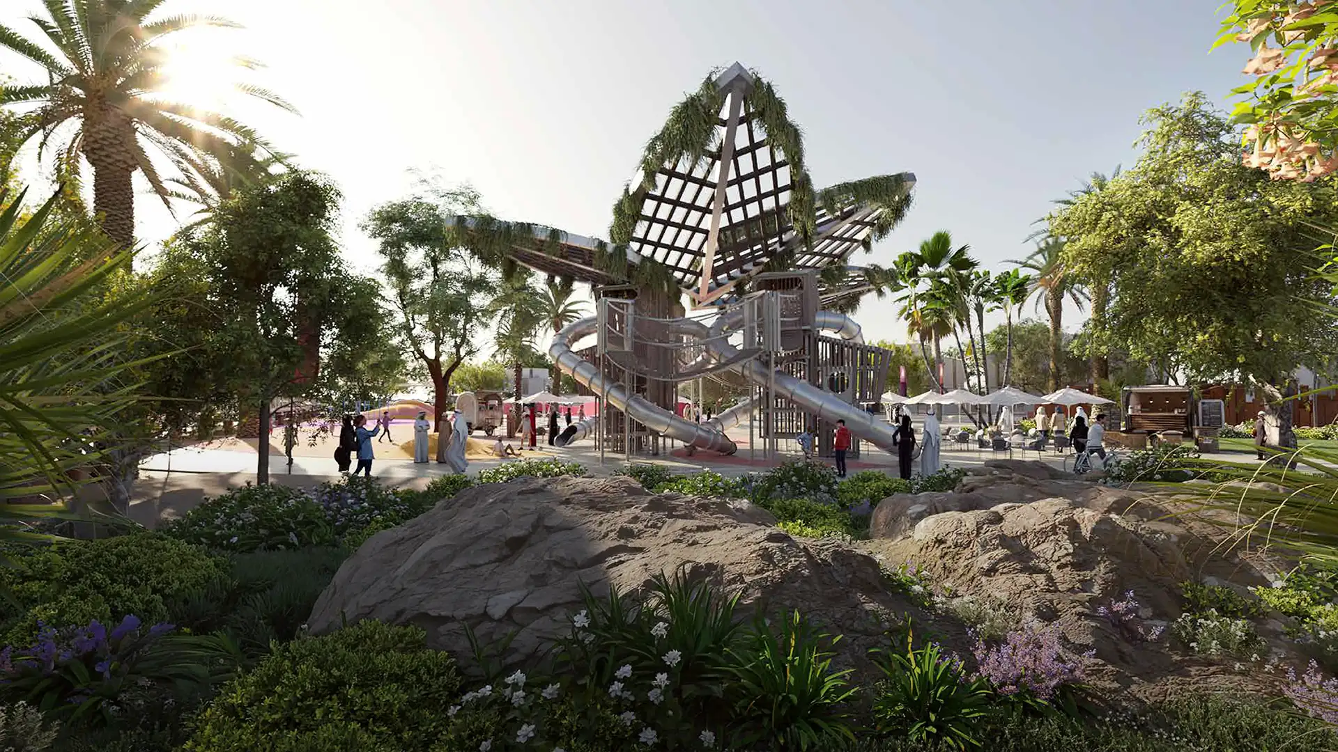 Adventure park and outdoor recreation spaces at Saadiyat Lagoons