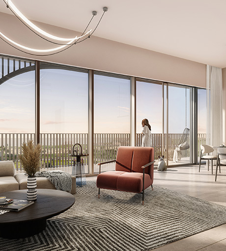 Luxury living room interior with city views at Manarat Living Abu Dhabi