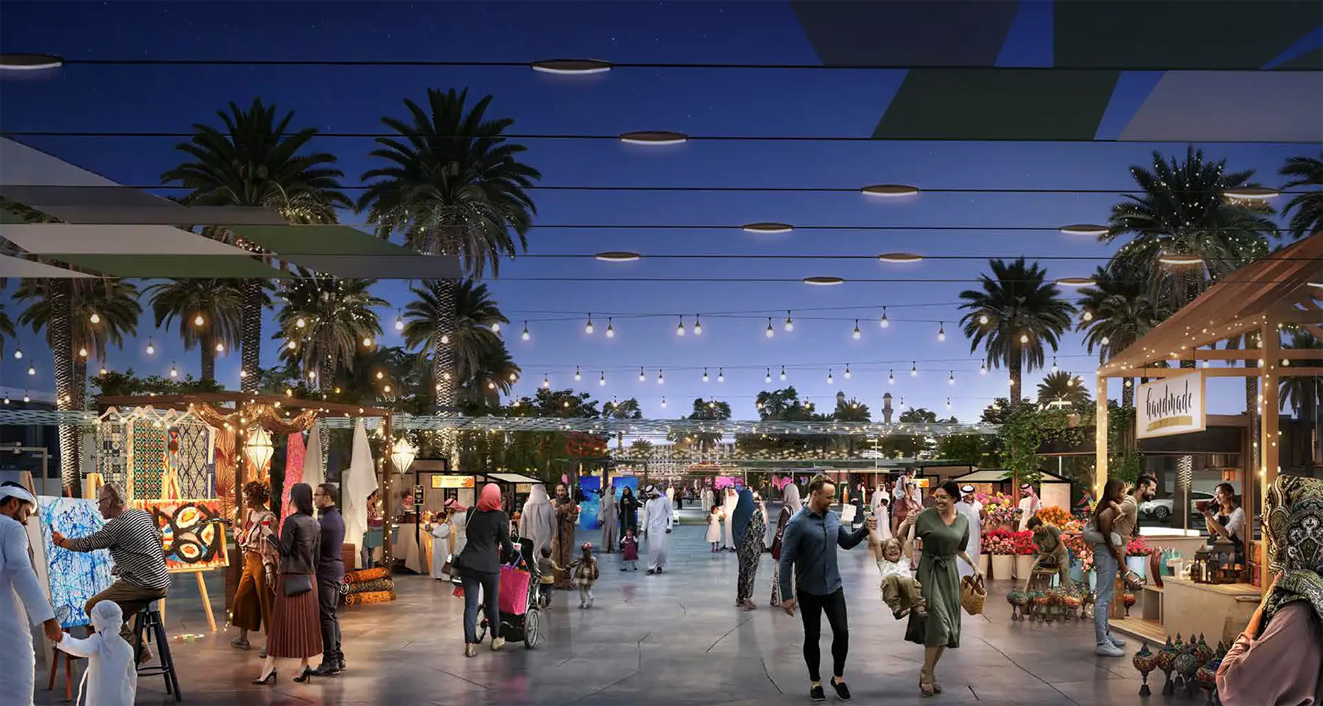 Community farmers market and social gathering spaces at Saadiyat Lagoons