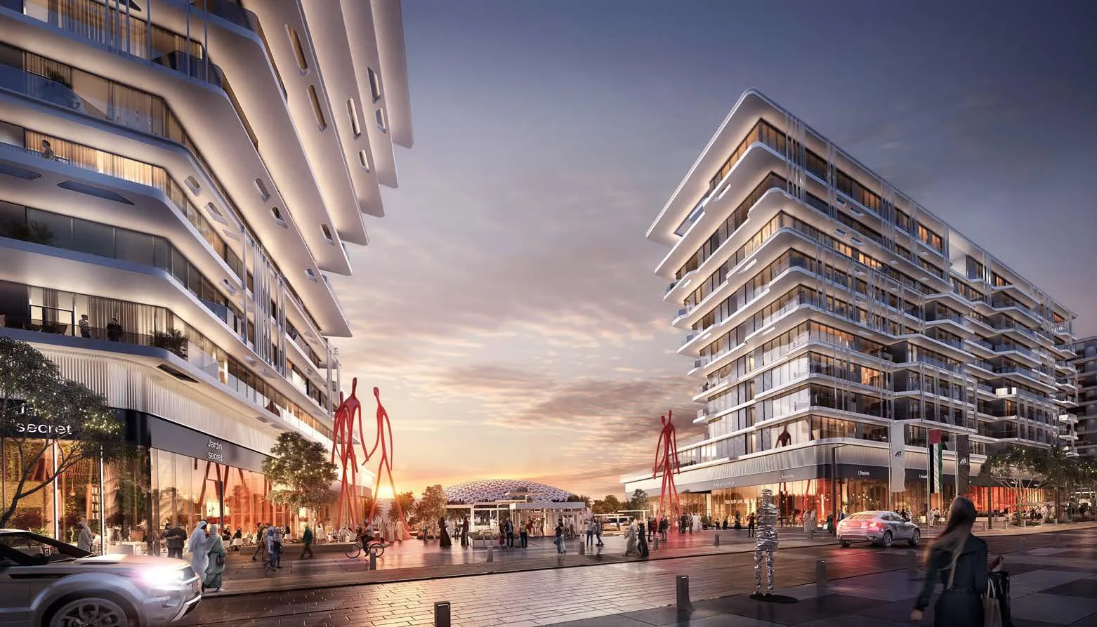 Pedestrian boulevard at Louvre Residences Saadiyat Island Abu Dhabi