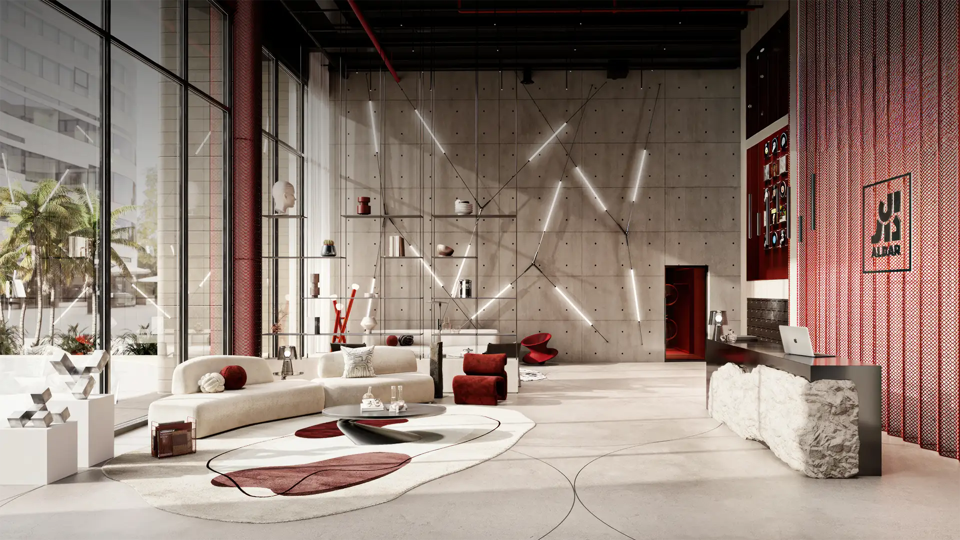 Residents’ lobby and reception area at Manarat Living