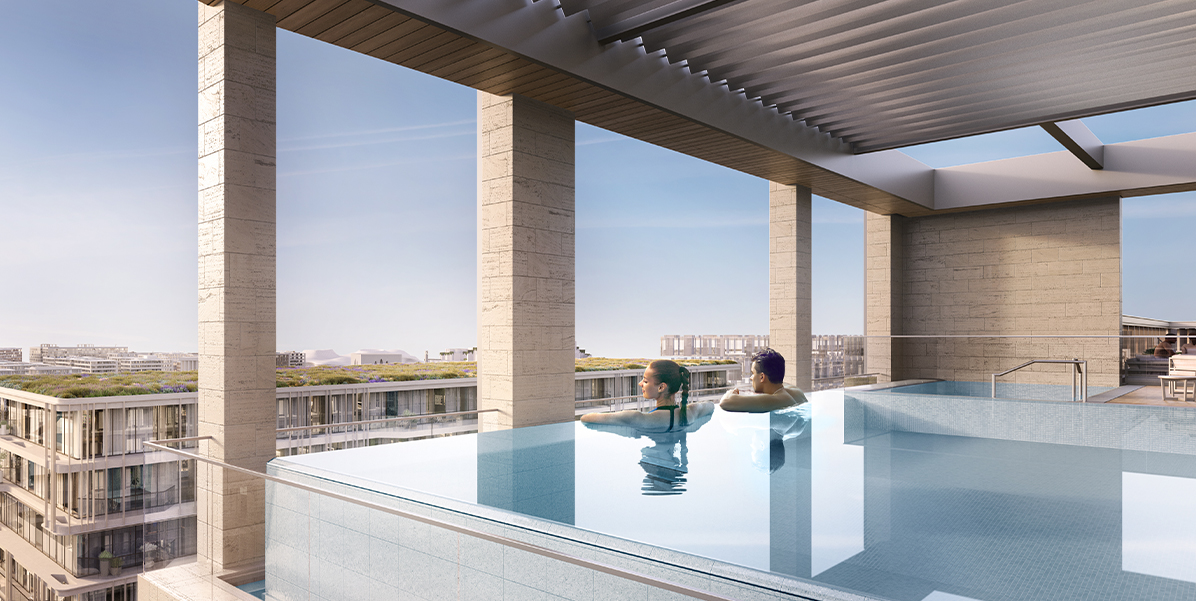 Panoramic swimming pool at Grove Museum Views Saadiyat Island