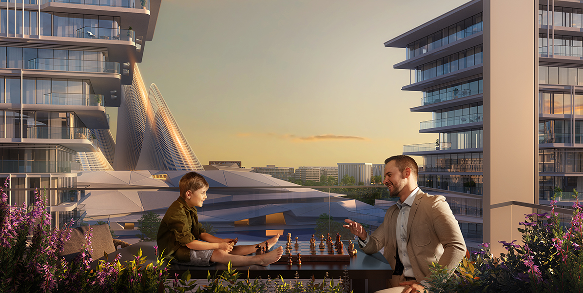 Rejuvenation lounge overlooking cultural landmarks at Grove Museum Views