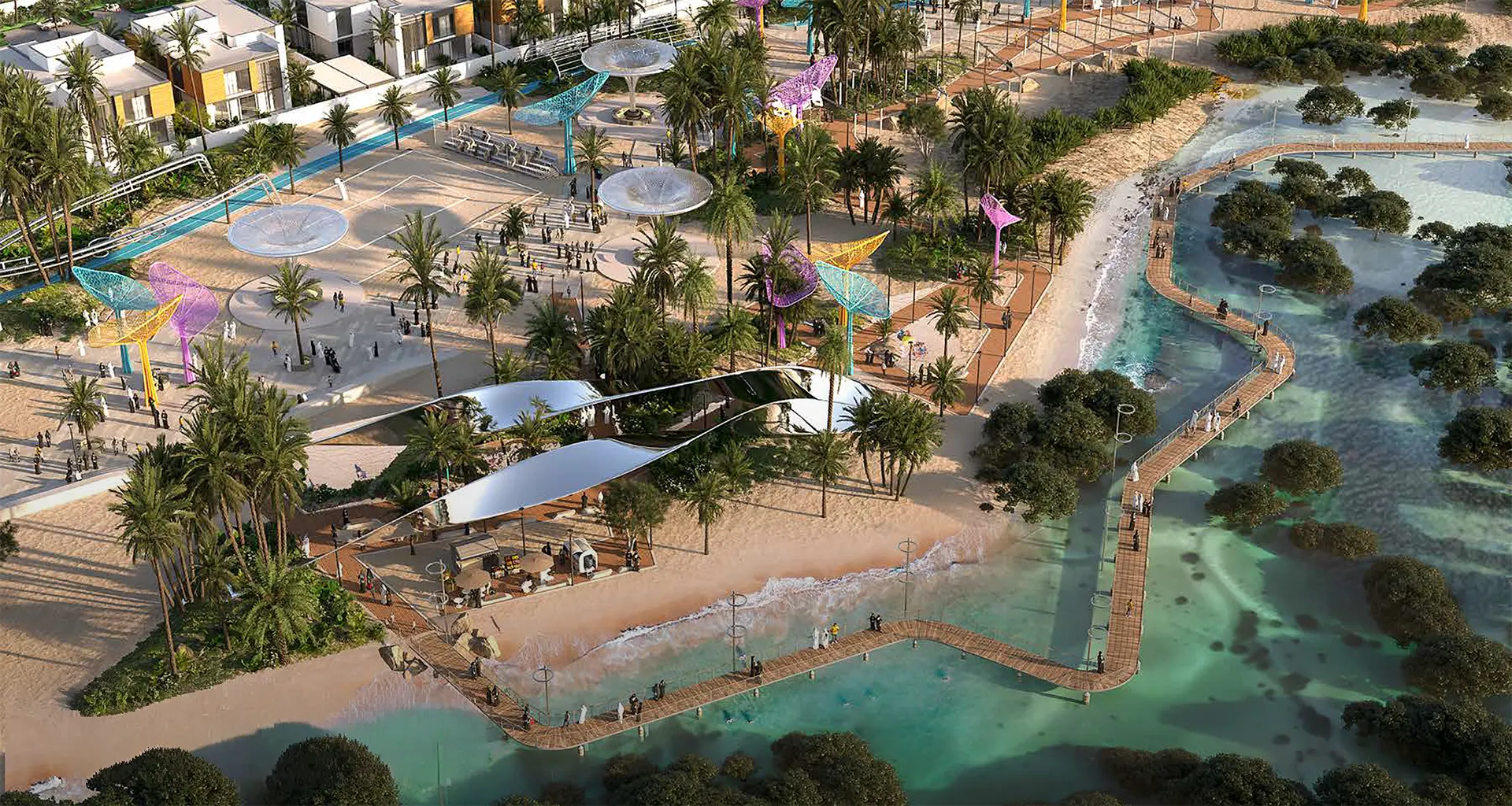 Sustainable waterfront design at Saadiyat Lagoons with landscaped lagoons