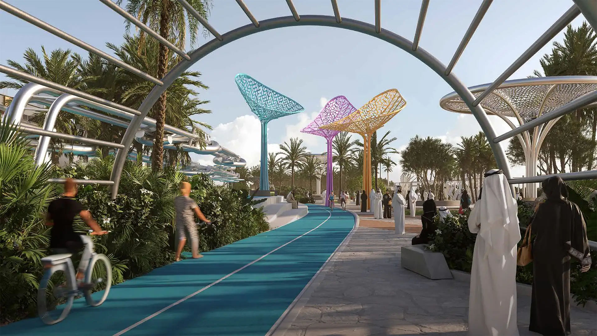 Shaded walking paths and nature trails at Saadiyat Lagoons community